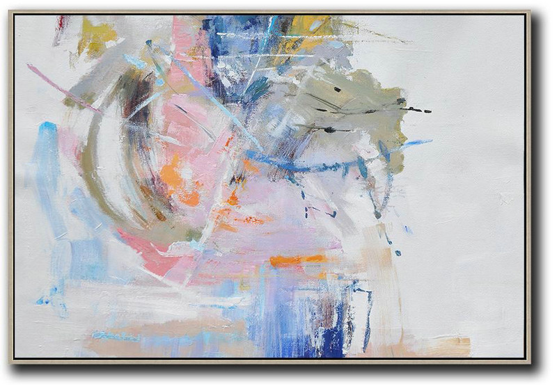 Extra Large Painting,Hand Painted Horizontal Abstract Oil Painting On Canvas,Living Room Wall Art,White,Grey,Pink,Blue.etc